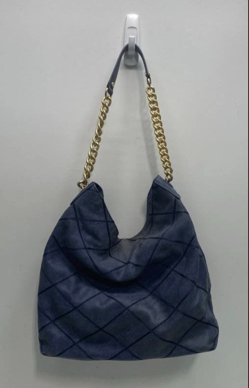 Tory Burch Blue Quilted Pebbled Leather Hobo Shoulder Bag Gold Tone Chain